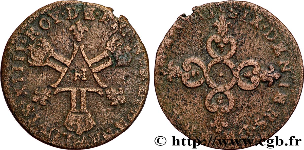 LOUIS XIV LE GRAND OU LE ROI SOLEIL Pièce de six deniers n.d. Montpellier TB