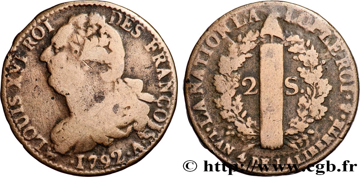 LOUIS XVI 2 sols dit  au faisceau , type FRANÇOIS 1792 Paris MB