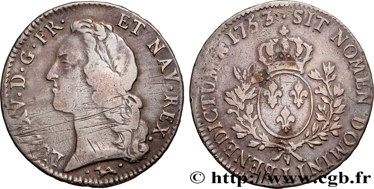LOUIS XV THE BELOVED Écu aux branches d’olivier, tête ceinte d’un bandeau 1753 Bayonne VF