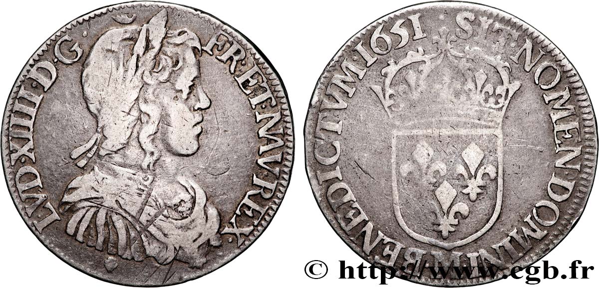 LOUIS XIV LE GRAND OU LE ROI SOLEIL Demi-écu, portrait à la mèche longue 1651 Toulouse TB+