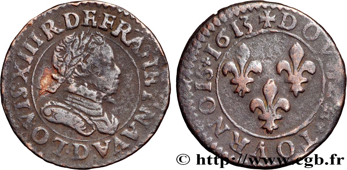 LOUIS XIII  Double tournois, type 3 1613 Lyon MB