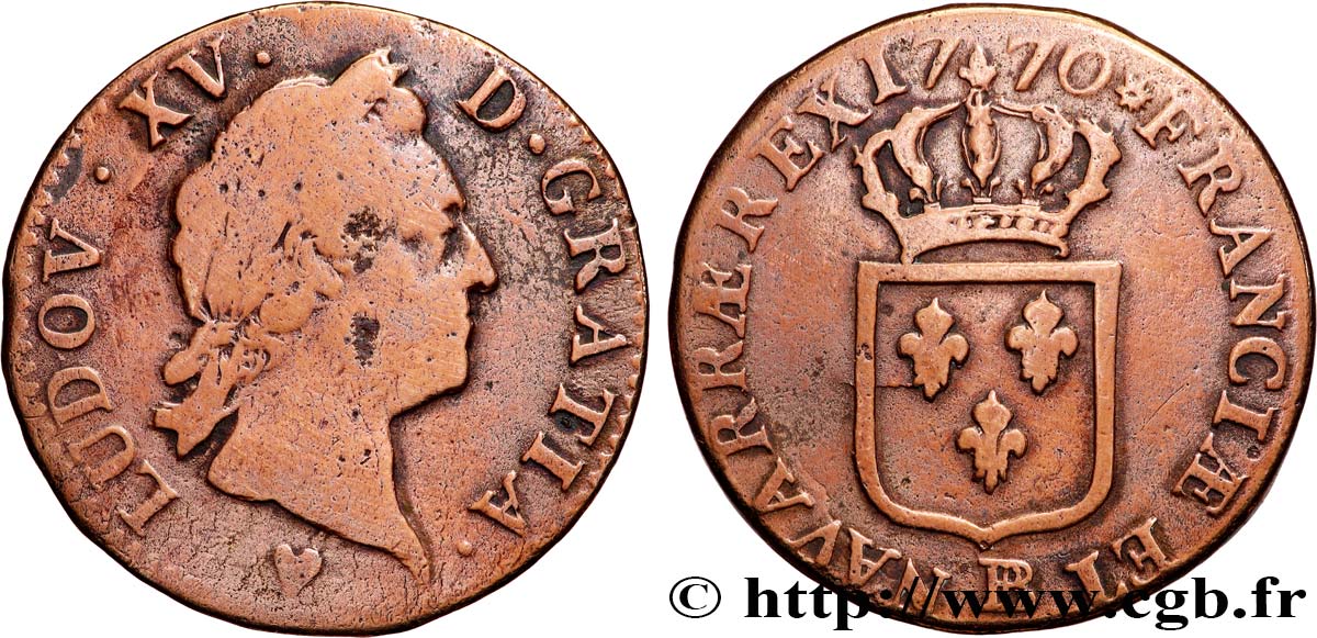 LOUIS XV DIT LE BIEN AIMÉ Sol dit &nbsp;à la vieille tête&nbsp; 1770 Strasbourg TB