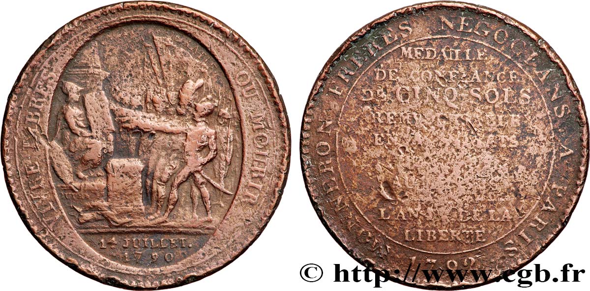 REVOLUTION COINAGE Monneron de 5 sols au serment (An IV), 3e type 1792 Birmingham, Soho q.MB