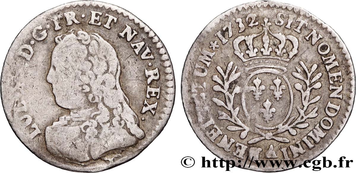 LOUIS XV THE BELOVED Vingtième d’écu aux branches d’olivier, buste habillé 1732 Paris VF/VF