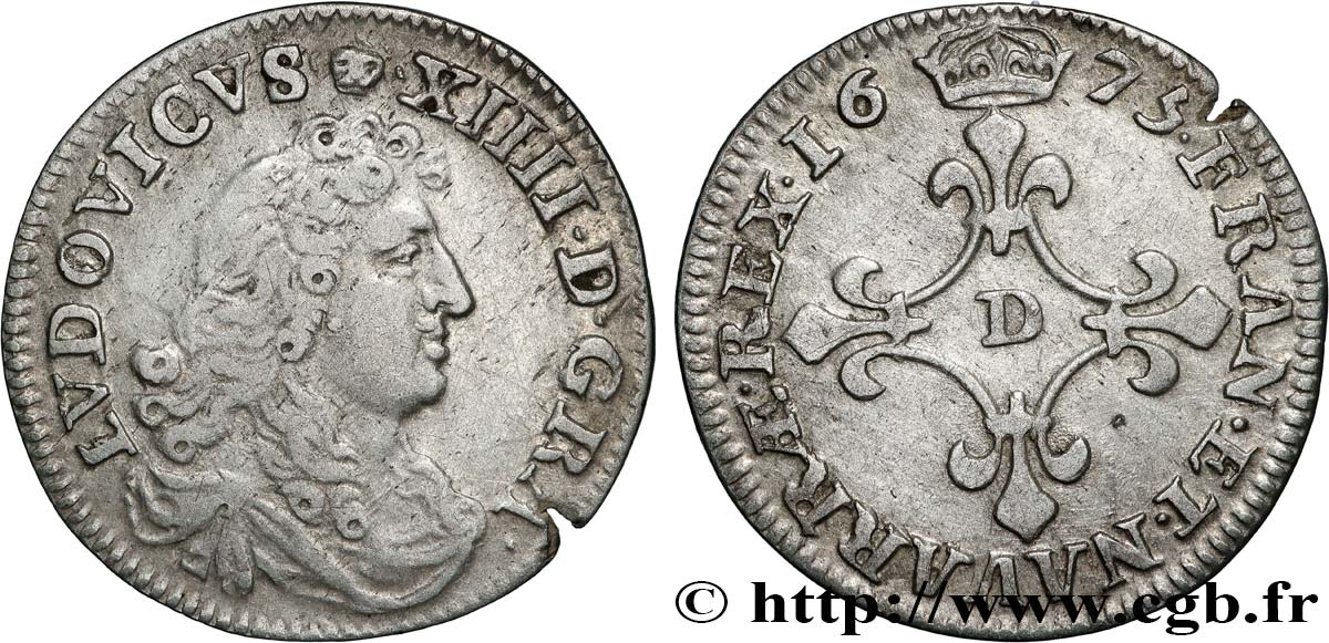 LOUIS XIV LE GRAND OU LE ROI SOLEIL Quatre sols à la croix formée de lis 1675 Lyon ou Vimy-en-Lyonnais TTB