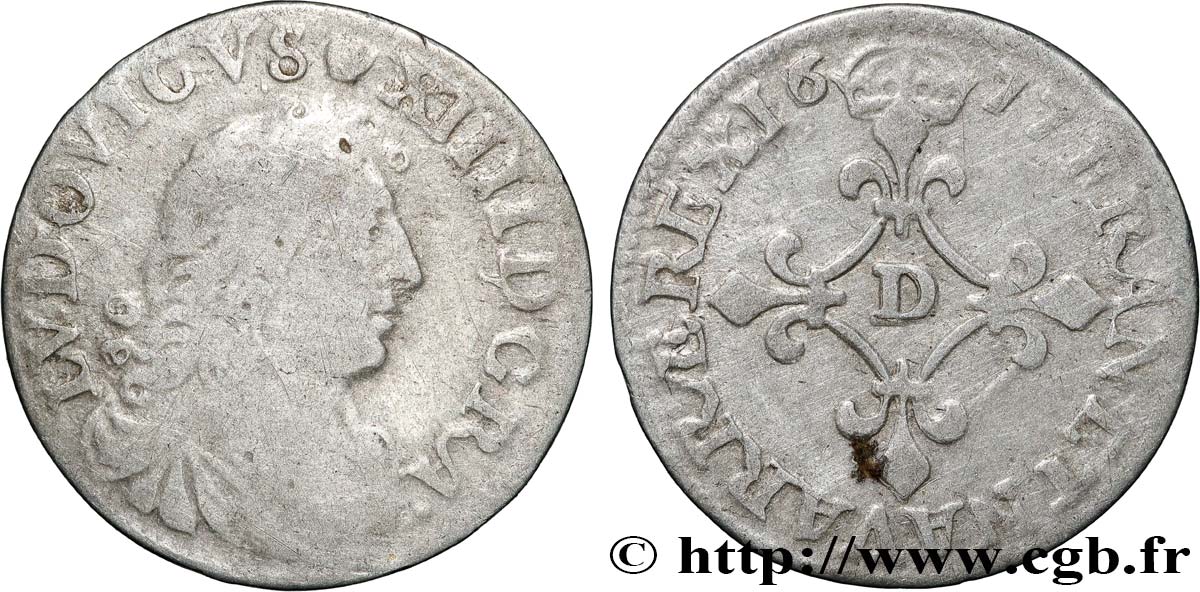 LOUIS XIV  THE SUN KING  Quatre sols à la croix formée de lis 1677 Vimy-en-Lyonnais (actuellement Neuville-sur-Saône) VF