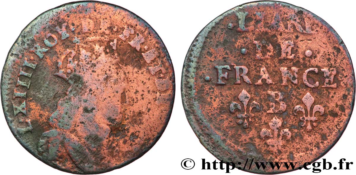 LOUIS XIV  THE SUN KING  Liard de cuivre, 2e type n.d. Pont-de-l’Arche q.MB