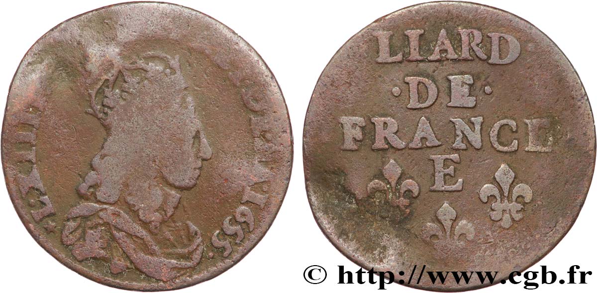 LOUIS XIV  THE SUN KING  Liard de cuivre, 2e type 1655 Meung-sur-Loire VF