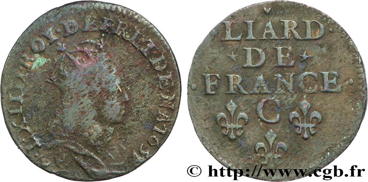 LOUIS XIV LE GRAND OU LE ROI SOLEIL Liard de cuivre, type 5 1657 Caen TB