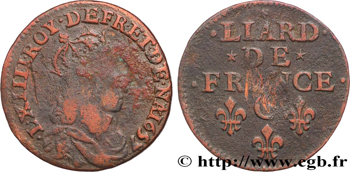 LOUIS XIV LE GRAND OU LE ROI SOLEIL Liard de cuivre, type 5 1657 Caen TB+/TTB