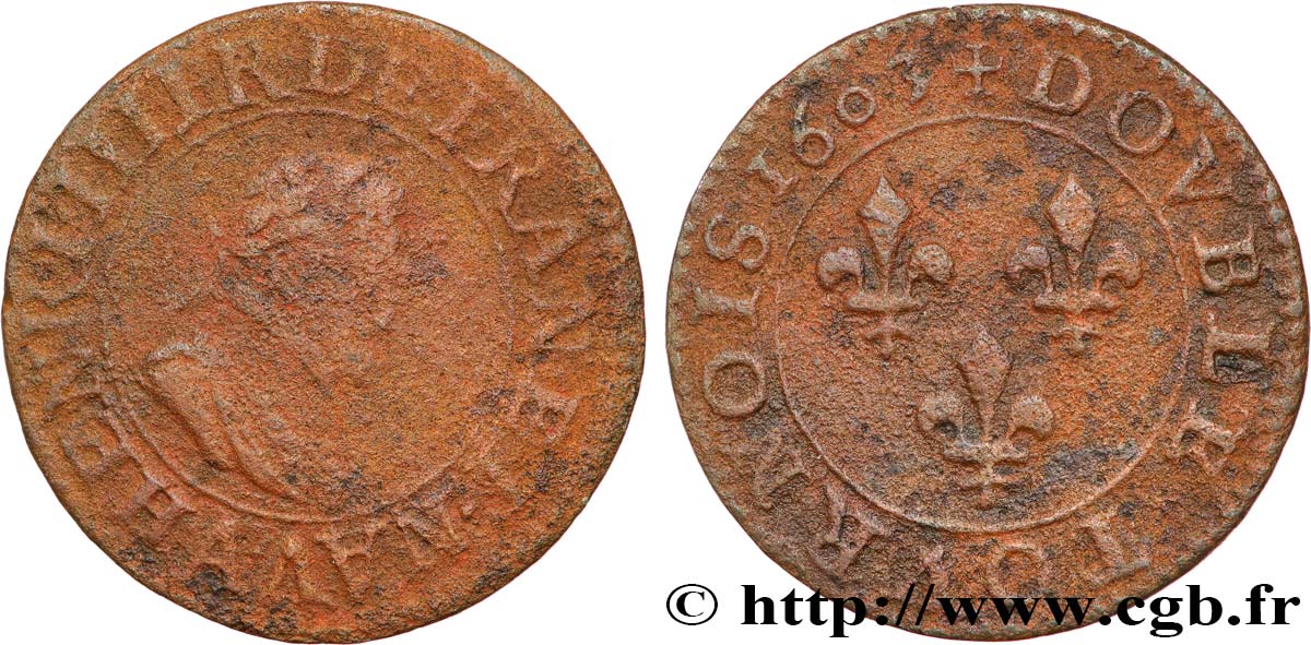 HENRY IV Double tournois, 2e type de Paris (légende française) 1603 Paris, Moulin des Étuves q.BB