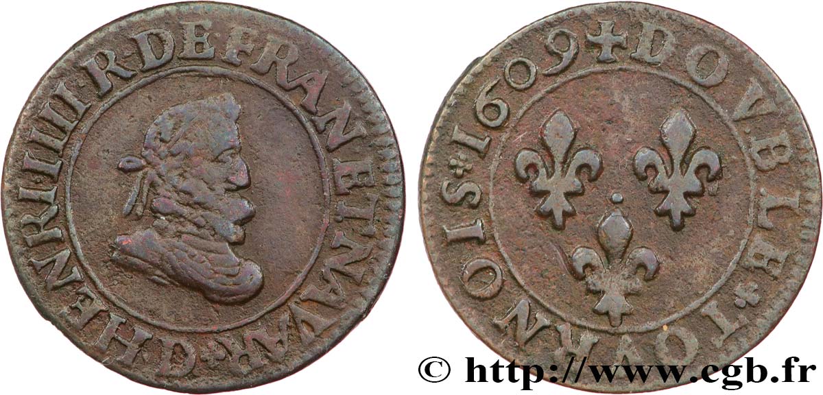 HENRY IV Double tournois 1609 Lyon q.BB