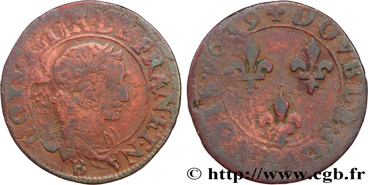 LOUIS XIII  Double tournois, 2e type de Rouen 1639 Rouen MB