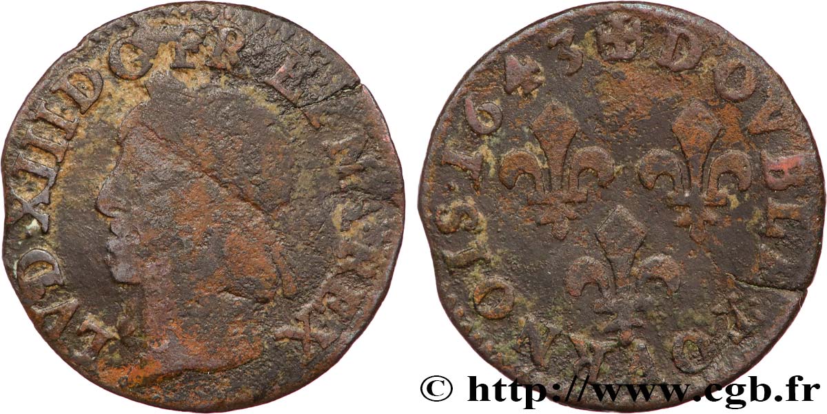 LOUIS XIII LE JUSTE Double tournois, type de Warin 1643  TB