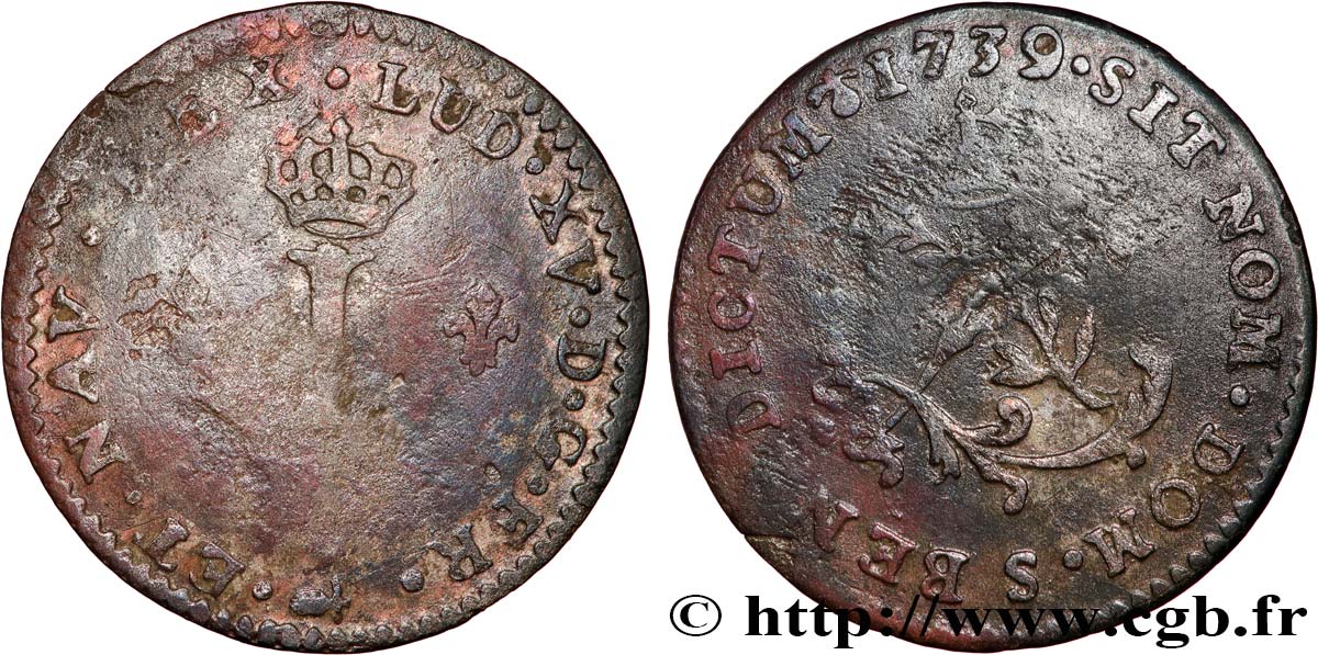 LOUIS XV DIT LE BIEN AIMÉ Double sol de billon 1739 Reims TB