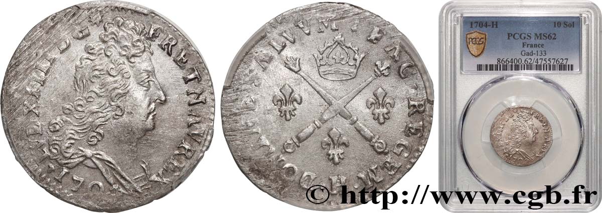 LOUIS XIV LE GRAND OU LE ROI SOLEIL 10 sols aux insignes 1704 La Rochelle SUP62