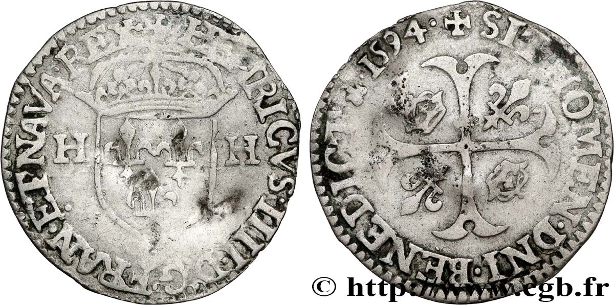 HENRI IV LE GRAND Douzain aux deux H, 2e type 1594 Saint-Lô TB+