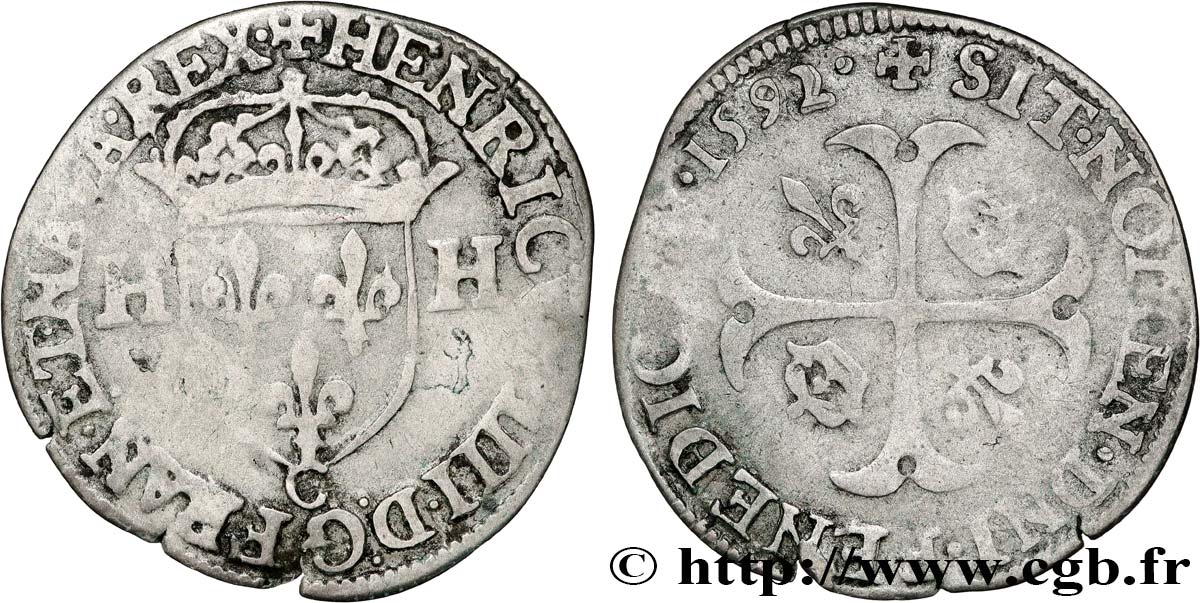 HENRI IV LE GRAND Douzain aux deux H, 2e type 1592 Saint-Lô TB+