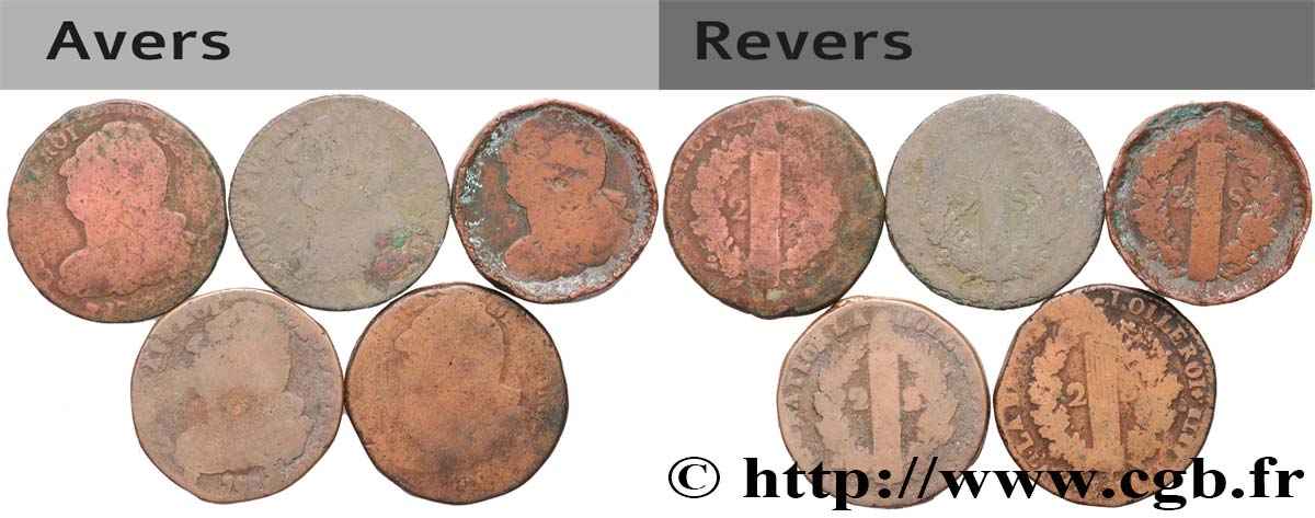 LOUIS XVI (MONARQUE CONSTITUTIONNEL)  2 sols dit  au faisceau , types divers, lot de 5 ex. n.d. Ateliers divers B+