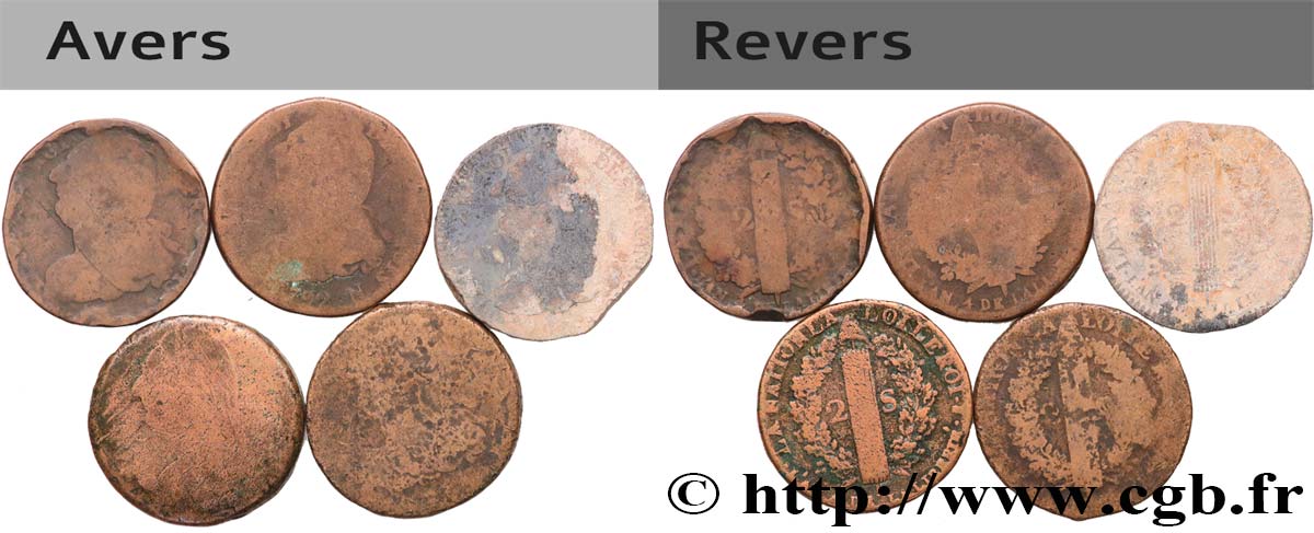 LOUIS XVI 2 sols dit  au faisceau , types divers, lot de 5 ex. n.d. Ateliers divers q.MB