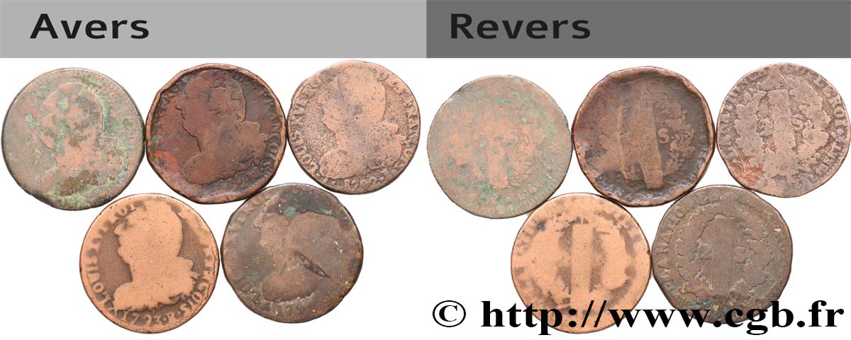 LOUIS XVI 2 sols dit  au faisceau , types divers, lot de 5 ex. n.d. Ateliers divers q.MB