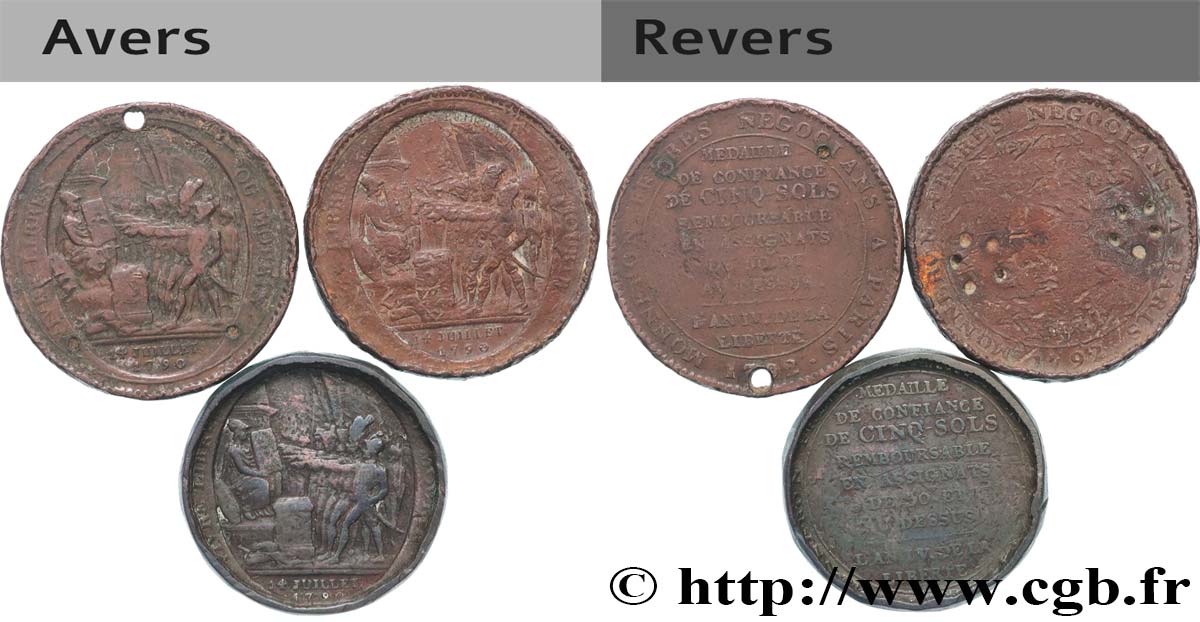 REVOLUTION COINAGE Monneron de 5 sols au serment (An IV), 3e type, lot de 3 ex. n.d. Birmingham, Soho BC