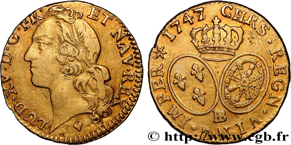 LOUIS XV THE BELOVED Louis d’or aux écus ovales, tête ceinte d’un bandeau 1747 Strasbourg VF