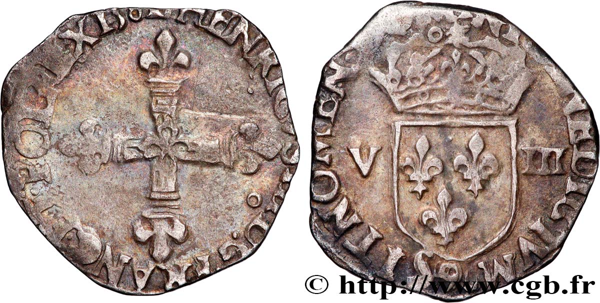 HENRI III Huitième d écu, croix de face 1582 Rennes TB