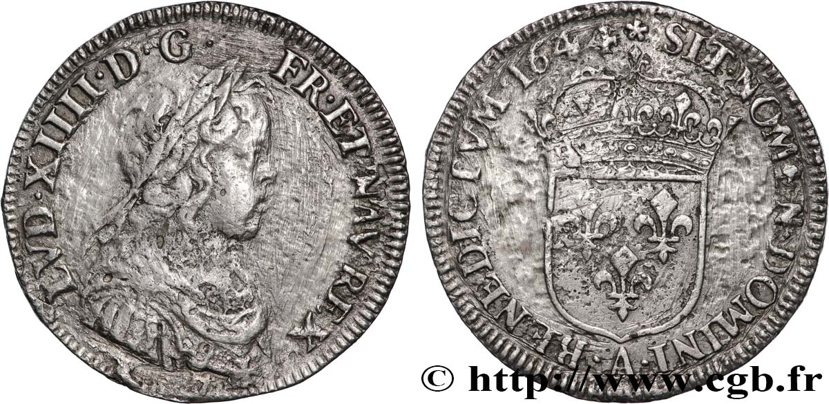 LOUIS XIV  THE SUN KING  Quart d écu, portrait à la mèche courte 1644 Paris, Monnaie du Louvre VF