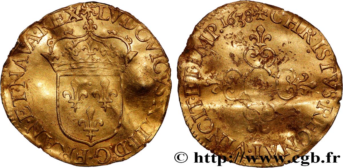 LOUIS XIII Écu d or au soleil, à la croix anillée fleurdelisée 1638 Paris VF