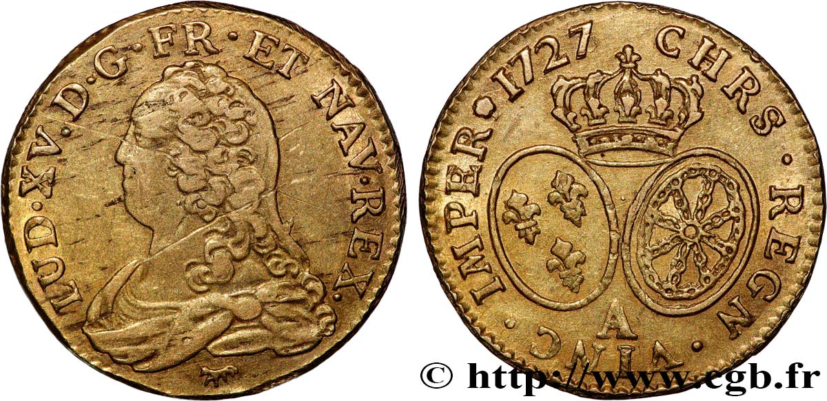 LOUIS XV THE BELOVED Louis d or aux écus ovales, buste habillé 1727 Paris AU