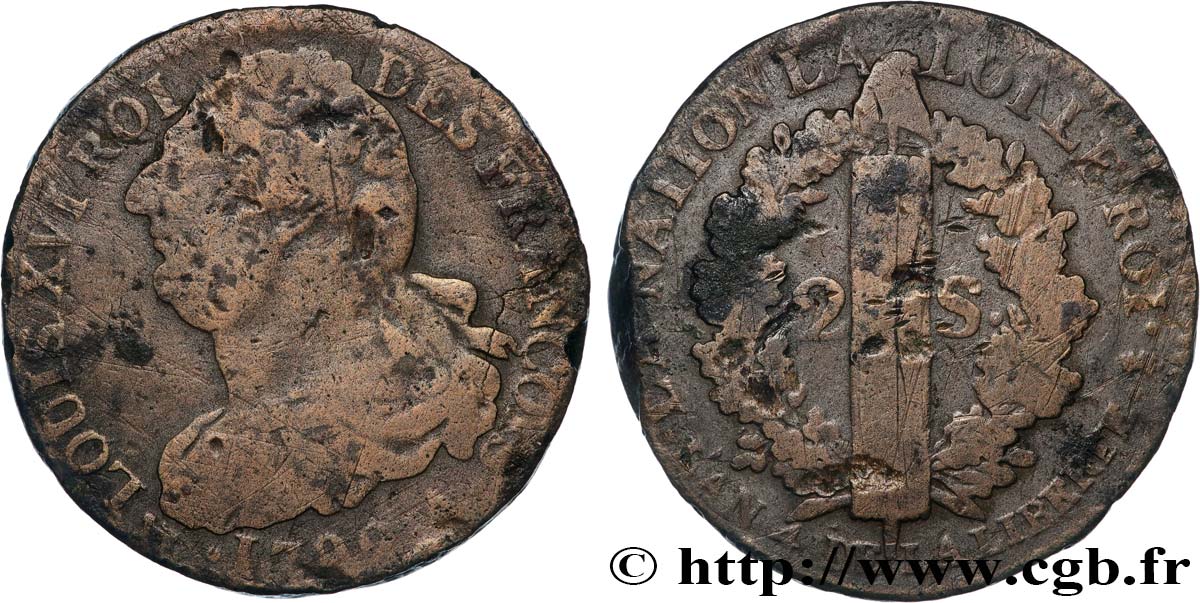 LOUIS XVI 2 sols dit  au faisceau , type FRANÇOIS 1792 Paris VF