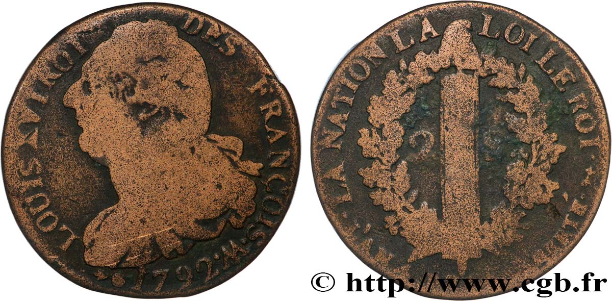 LOUIS XVI (MONARQUE CONSTITUTIONNEL)  2 sols dit  au faisceau , type FRANÇOIS 1792 Metz TB