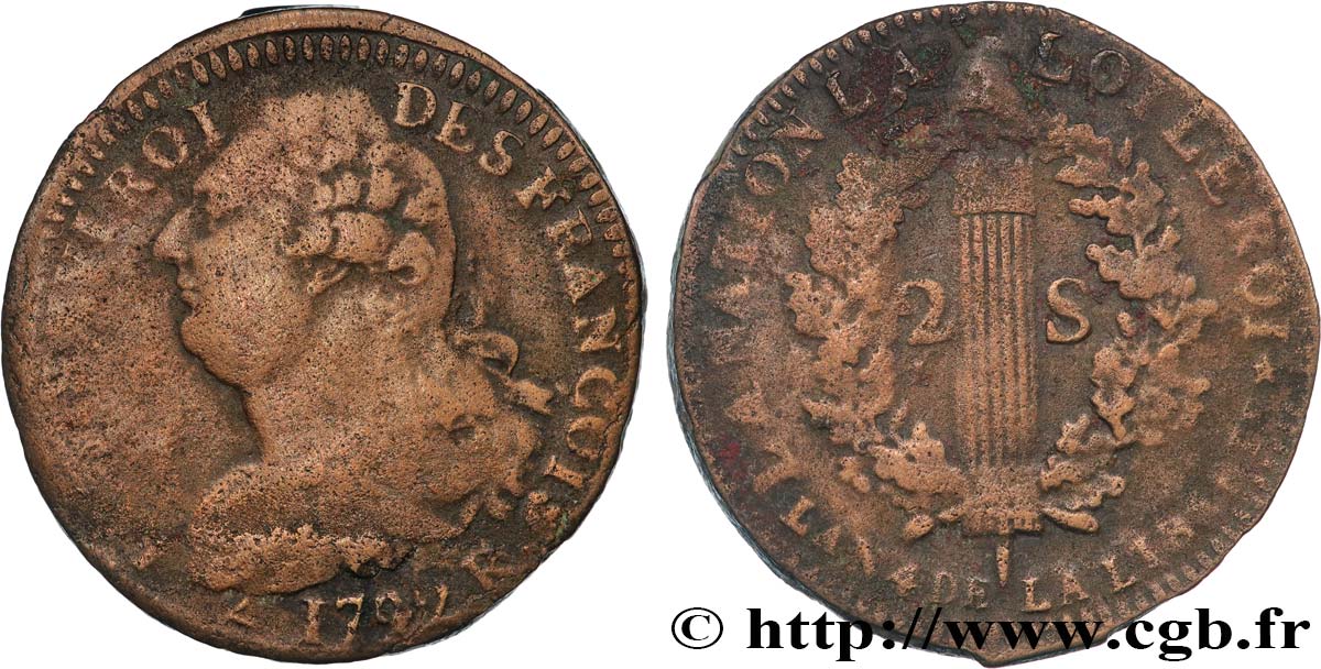 LOUIS XVI 2 sols dit  au faisceau , type FRANCOIS 1792 Orléans BC+