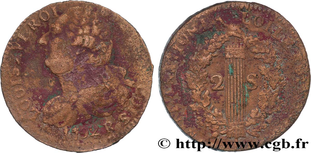 LOUIS XVI (MONARQUE CONSTITUTIONNEL)  2 sols dit  au faisceau , type FRANCOIS 1792 Orléans TB