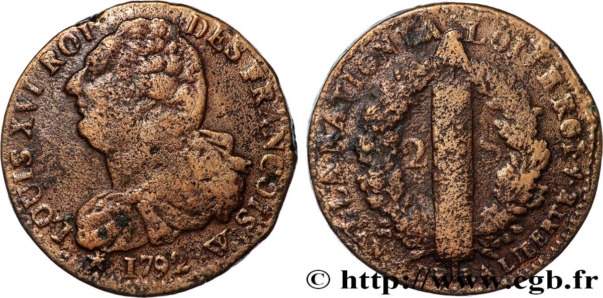 LOUIS XVI (MONARQUE CONSTITUTIONNEL)  2 sols dit  au faisceau , type FRANCOIS 1792 Lille TB+