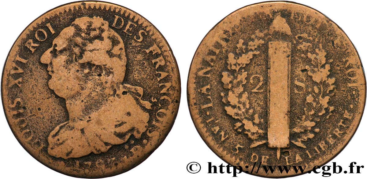 LOUIS XVI 2 sols dit  au faisceau , type FRANÇOIS 1793 Roanne VF
