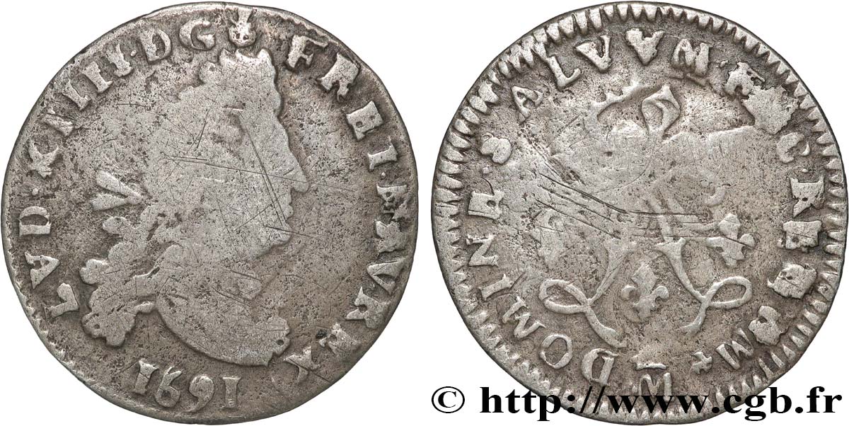 LOUIS XIV  THE SUN KING  Quatre sols aux deux L 1691 Metz VF