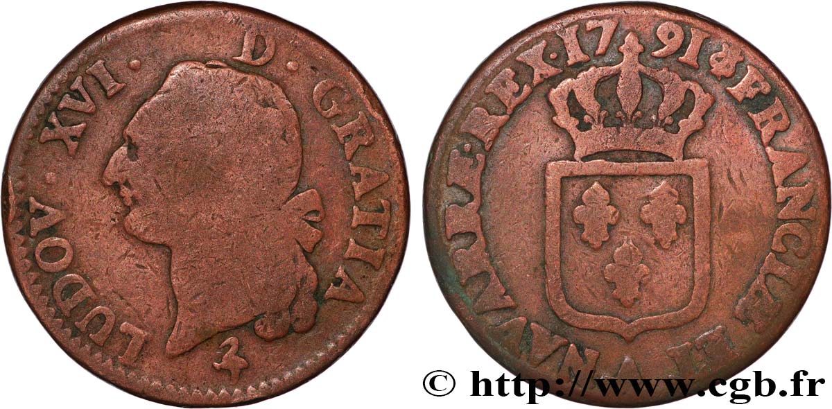 LOUIS XVI (MONARQUE CONSTITUTIONNEL)  Sol dit  à l écu  1791 Paris B+