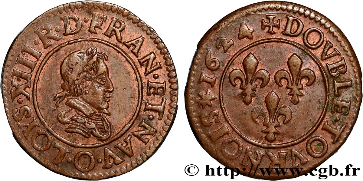 LOUIS XIII  Double tournois, type 3 1624 Riom q.SPL