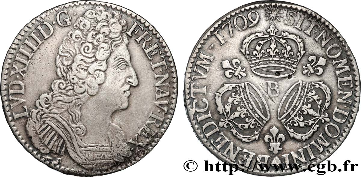 LOUIS XIV LE GRAND OU LE ROI SOLEIL Écu aux trois couronnes 1709 Rouen TTB