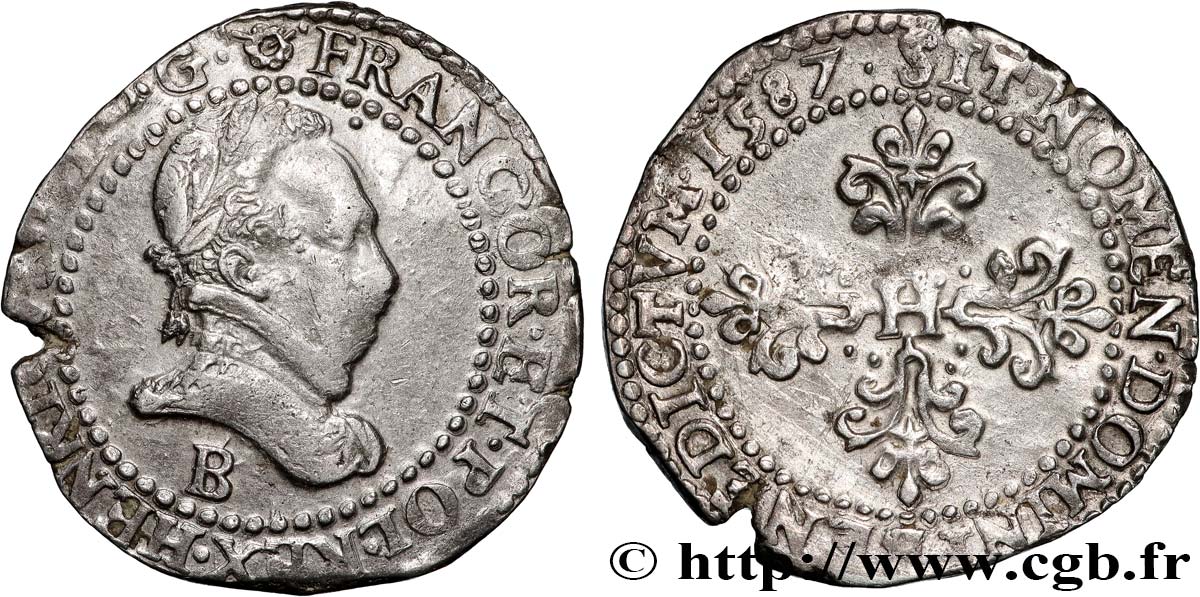 HENRY III Demi-franc au col plat 1587 Rouen XF