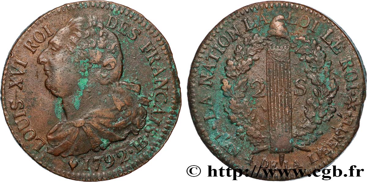 LOUIS XVI 2 sols dit  au faisceau , type FRANÇAIS 1792 Strasbourg AU/XF