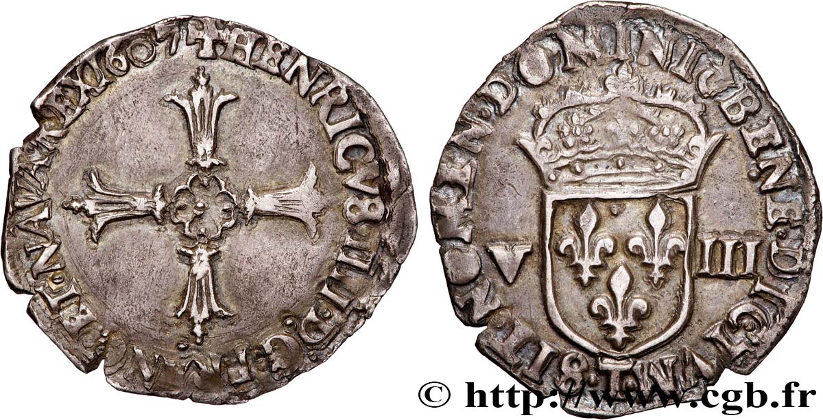 HENRI IV LE GRAND Huitième d écu, croix feuillue de face 1607 Nantes TTB