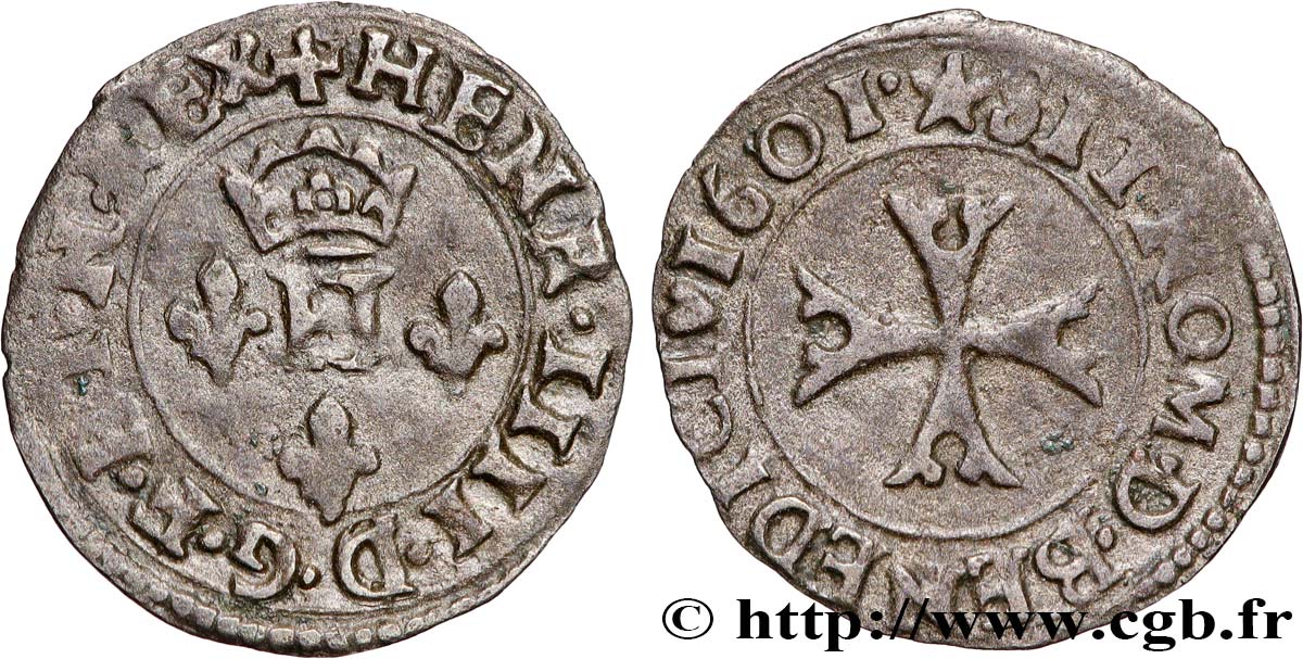 HENRY IV Liard à l H couronnée, 4e type (à la croix échancrée) 1601 Chambéry MBC+