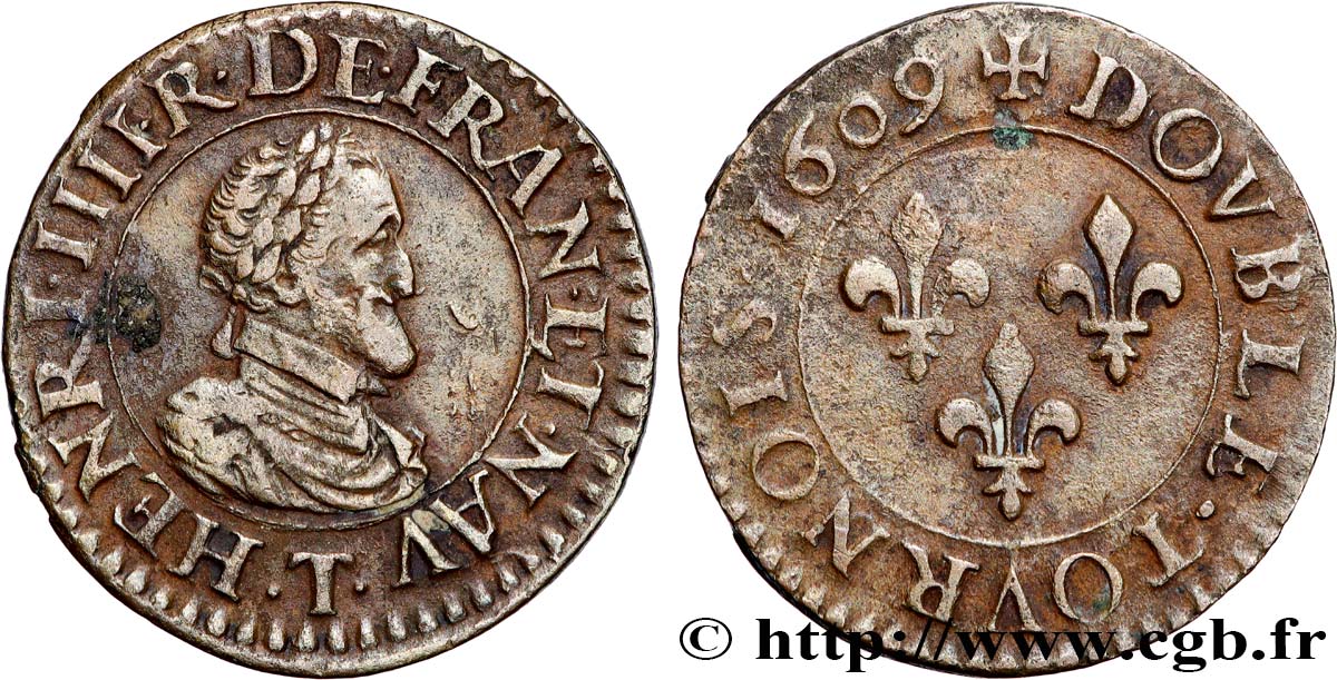 HENRI IV LE GRAND Double tournois, type de Nantes 1609 Nantes TTB+