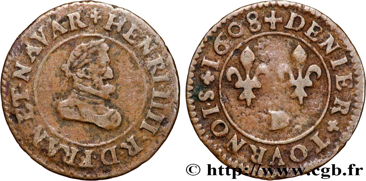 HENRY IV Denier tournois 1608 Lyon VF