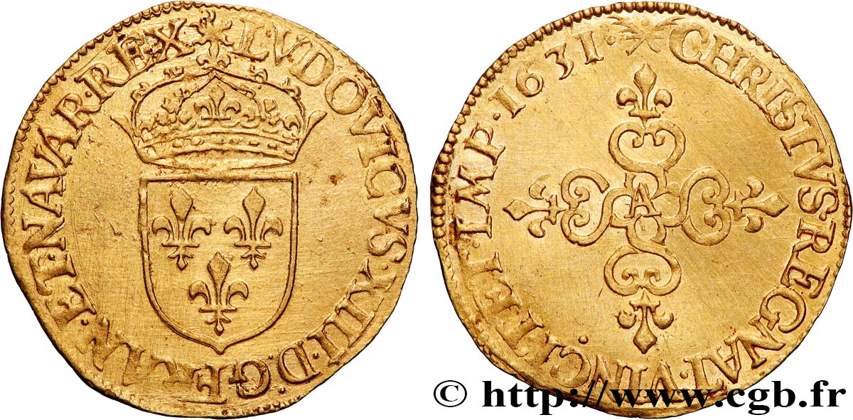 LOUIS XIII LE JUSTE Écu d or au soleil, à la croix anillée fleurdelisée 1631 Paris TTB+