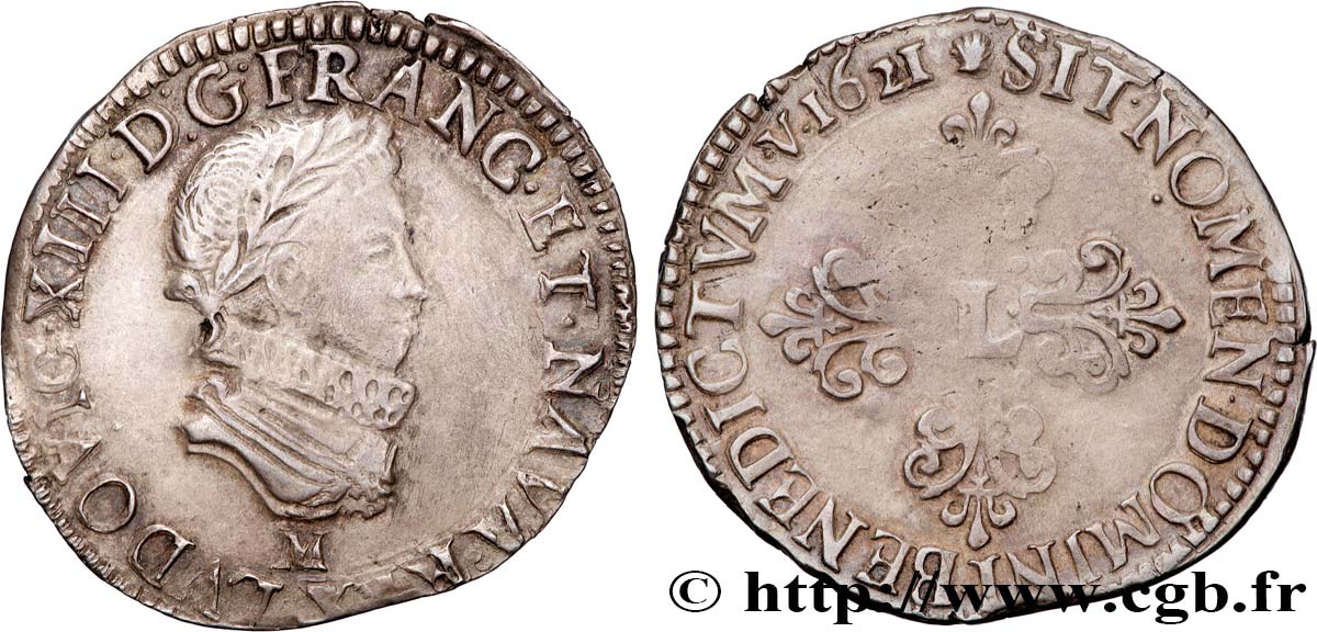 LOUIS XIII  Demi-franc au buste enfantin et fraisé 1621 Toulouse VF