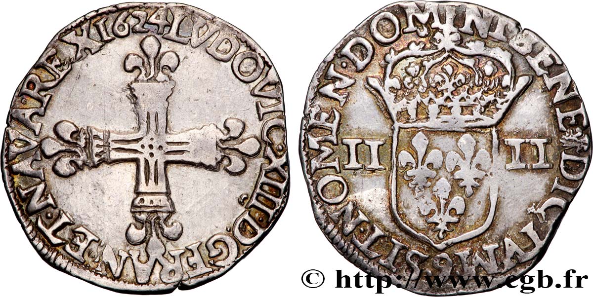 LOUIS XIII LE JUSTE Quart d écu, à la croix fleurdelisée, titulature côté croix 1624 Rennes TTB